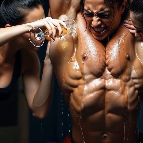 Lesbian champagne bodybuilding shower, pleasures of naked muscle worship
