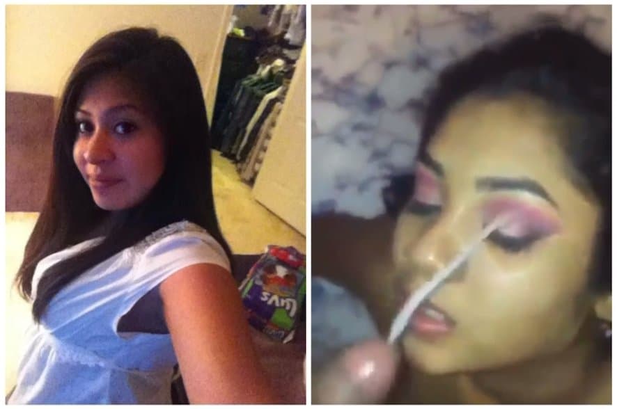 Click to view full size College guy nuts on my wife’s face and she had just finished her makeup for our date