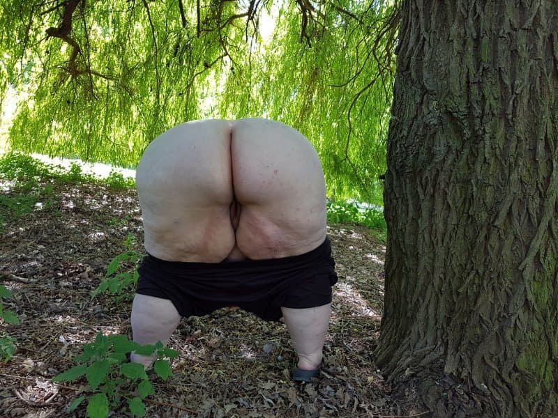 Fatty SSBBW flashes ass and belly in public park