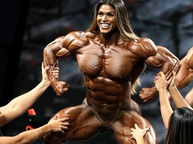 The naked bodybuilding show now is turning to a wild lesbian muscle orgy