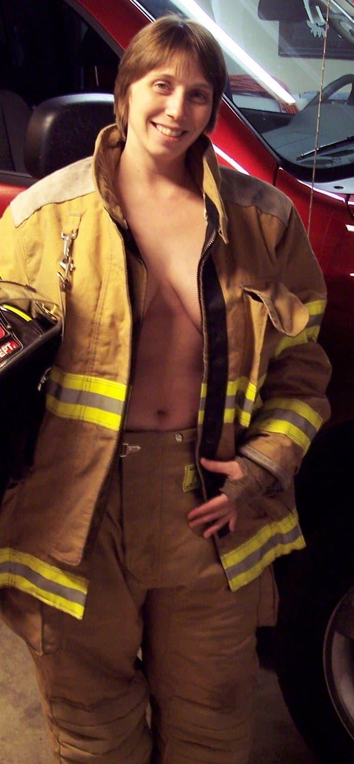 Sharon "In" her fire uniform