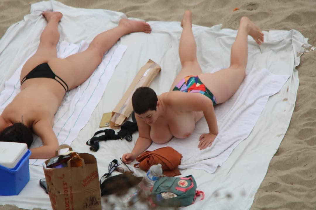 White pawg Short hair tomboy dyke stud public beach
