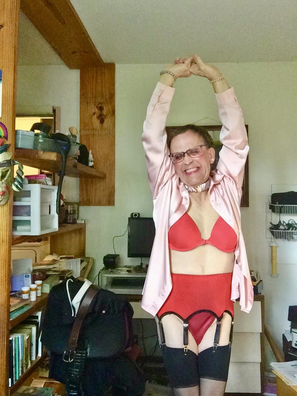 Red garterbelt, red bra and panties