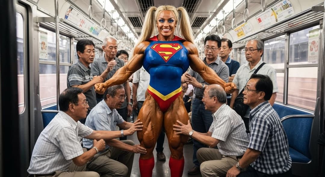 Supergirl at Tokyo! Supergirl em Tóquio! Female Muscle! Asian males and white female!