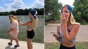 OF model influencer pays crazy lady $20 to jump into lake, almost gets her killed