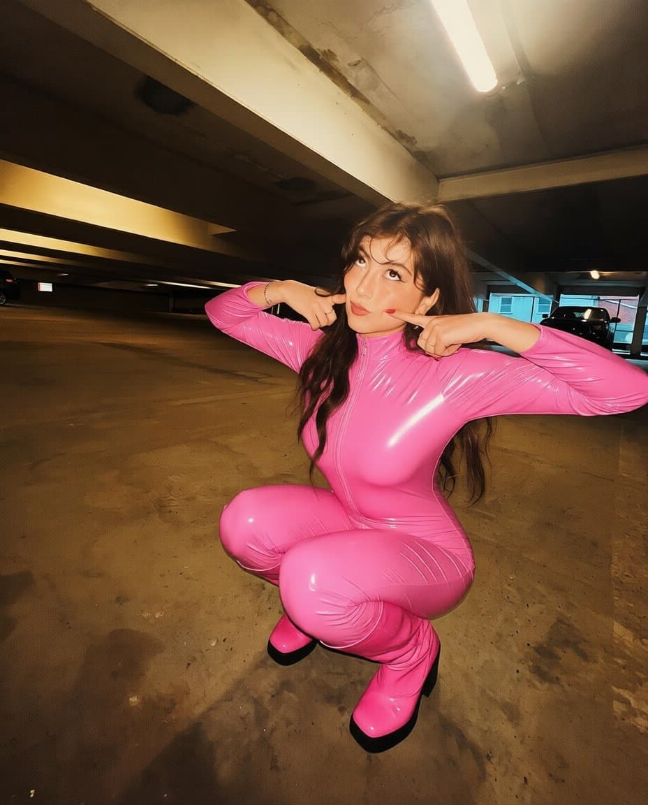 Twitch streamer thewildlatina in a pink vinyl catsuit
