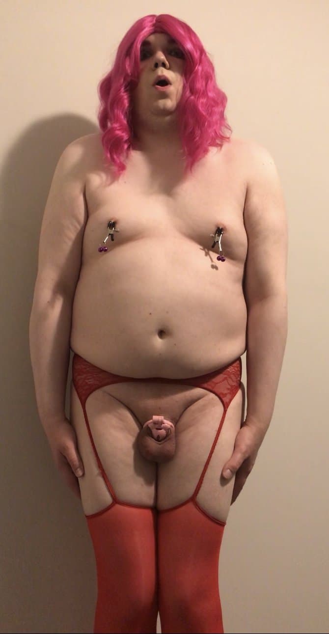 Donna the sissy slut in red suspender stockings