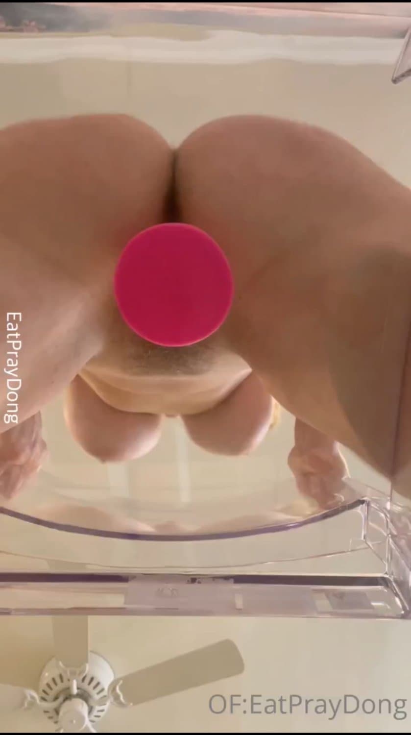 EPD sexy big tit redhead dildo riding on clear chair