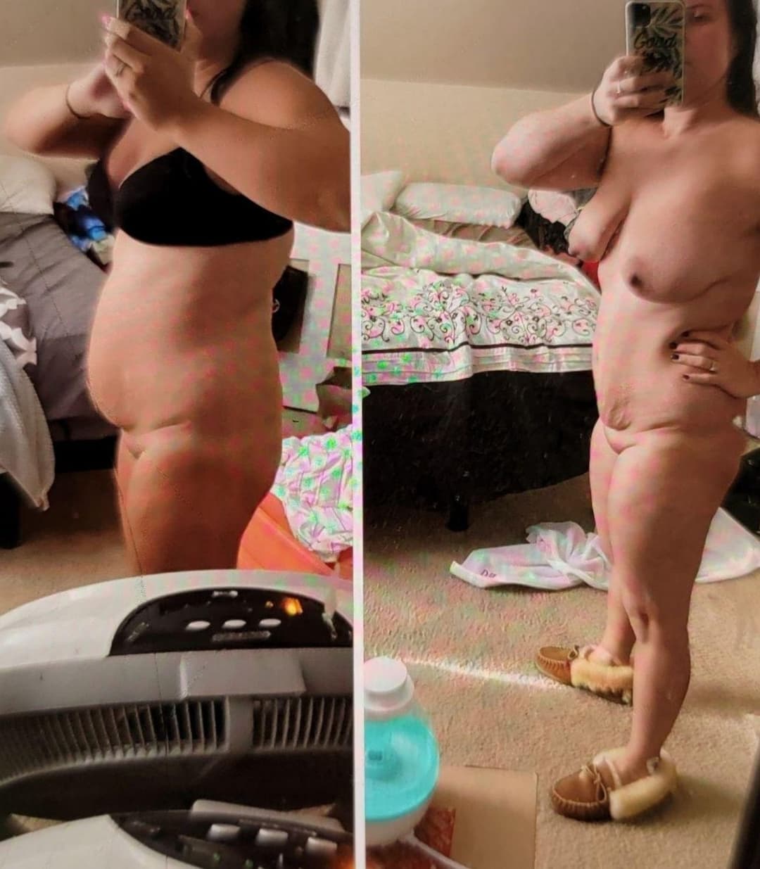 Pic on left was 3 weeks after giving birth right pic was 8 weeks after. Slowly getting back