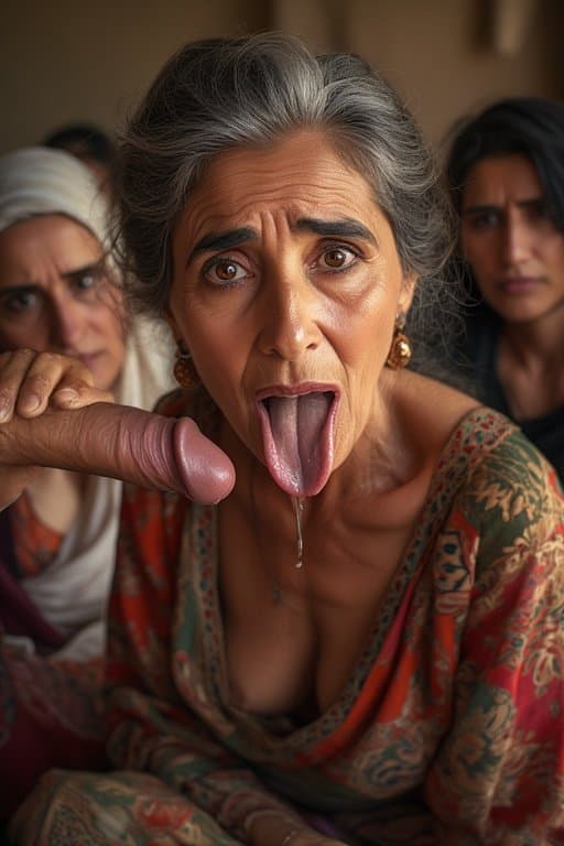 Prompt: Portrait of a 66 year old Iraqi Female/Woman  sticking Her tongue out saliva drippy from her