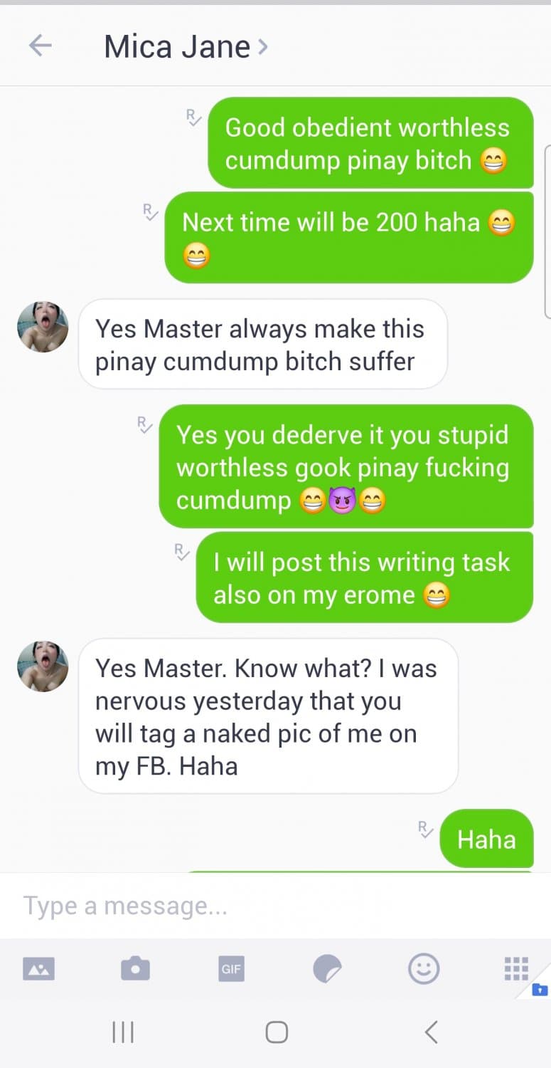Srupid worthless pinay cumdump bitch Mica doing degrading task on my command ! ?