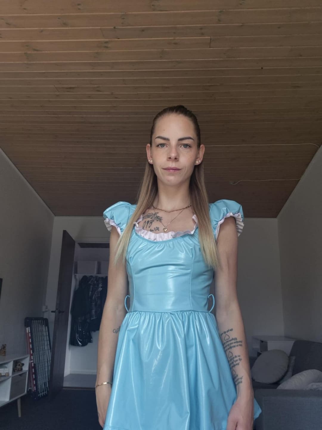 GF in baby blue vinyl dress