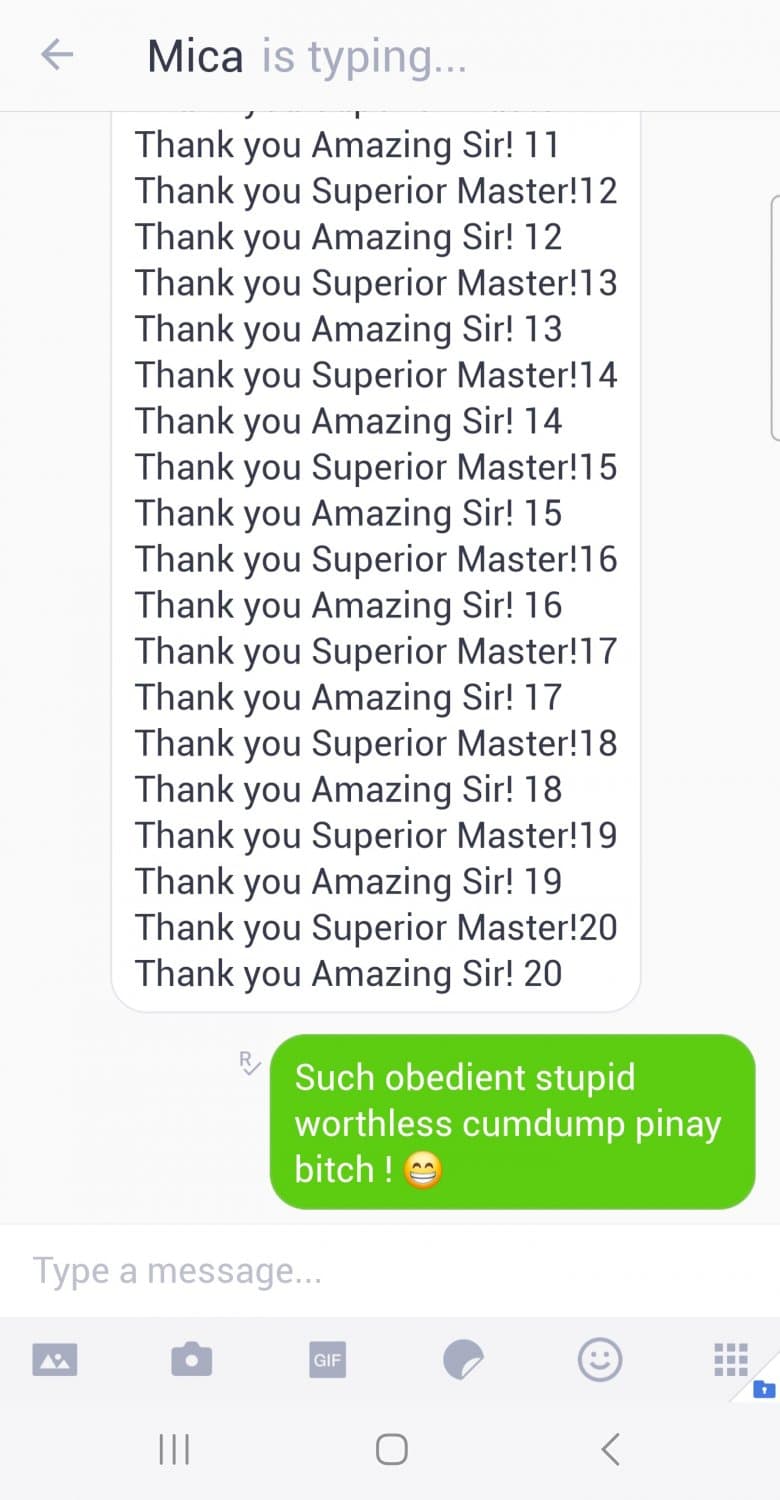 Srupid worthless pinay cumdump bitch Mica doing degrading task on my command ! ?