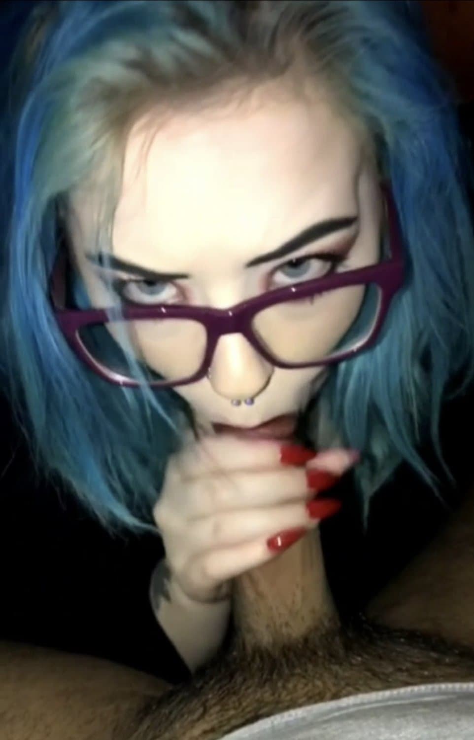 Blue haired goth girlfriend slut sucks friends dick with red lipstick and glasses on