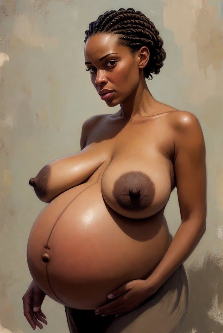 A hyperrealistic cartoon of a woman with a huge pregnant belly, macromastia, and dinner plate-sized