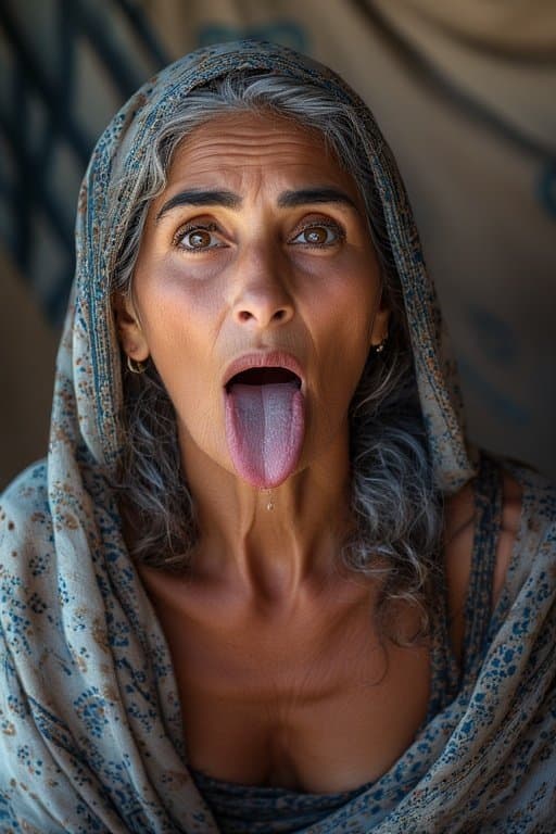 Prompt: Portrait of a 66 year old Iraqi Female/Woman  sticking Her tongue out saliva drippy from her