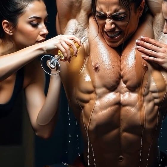Lesbian champagne bodybuilding shower, pleasures of naked muscle worship