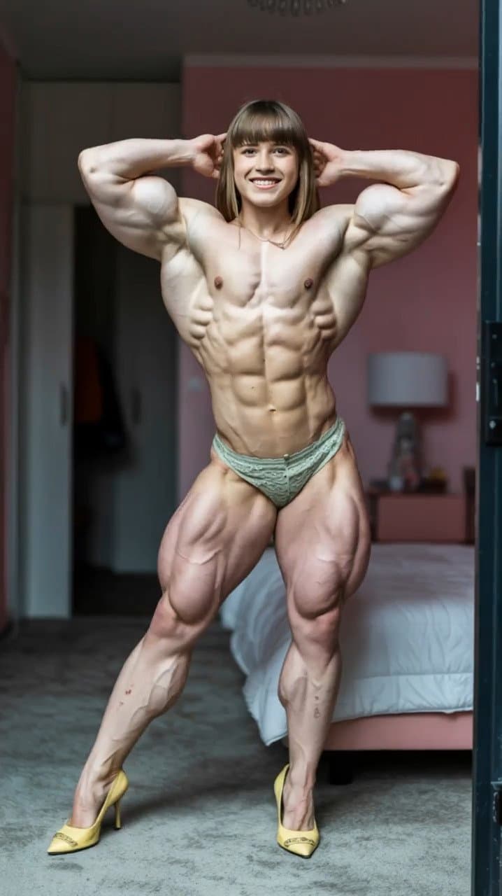 The strong scent of her own roided hypertrophic muscles is enough to make her cum