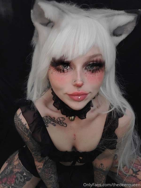 cute catgirl cosplay egirl moaning and doing ahegao; cosplay, goth, e-girl, tattoo, piercing