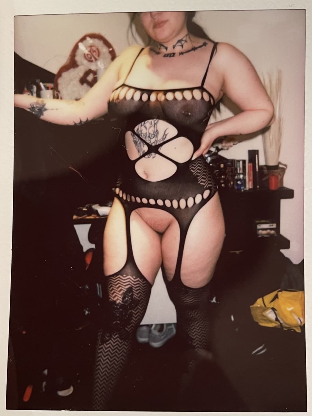 Thick Goth Girlfriend showing pierced tits, ass and pussy in vintage pics