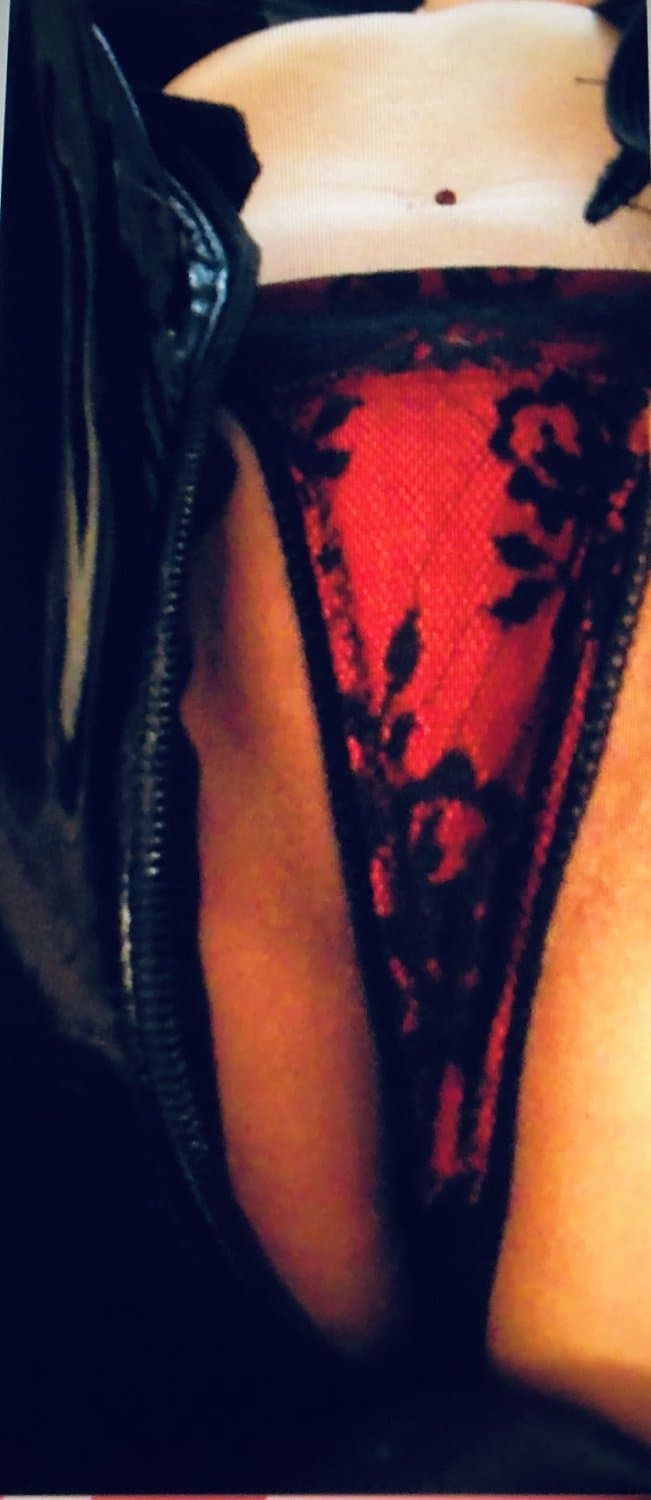 English biker milf lace & pvc tied up and stripped in red lace panties and black pvc catsuit