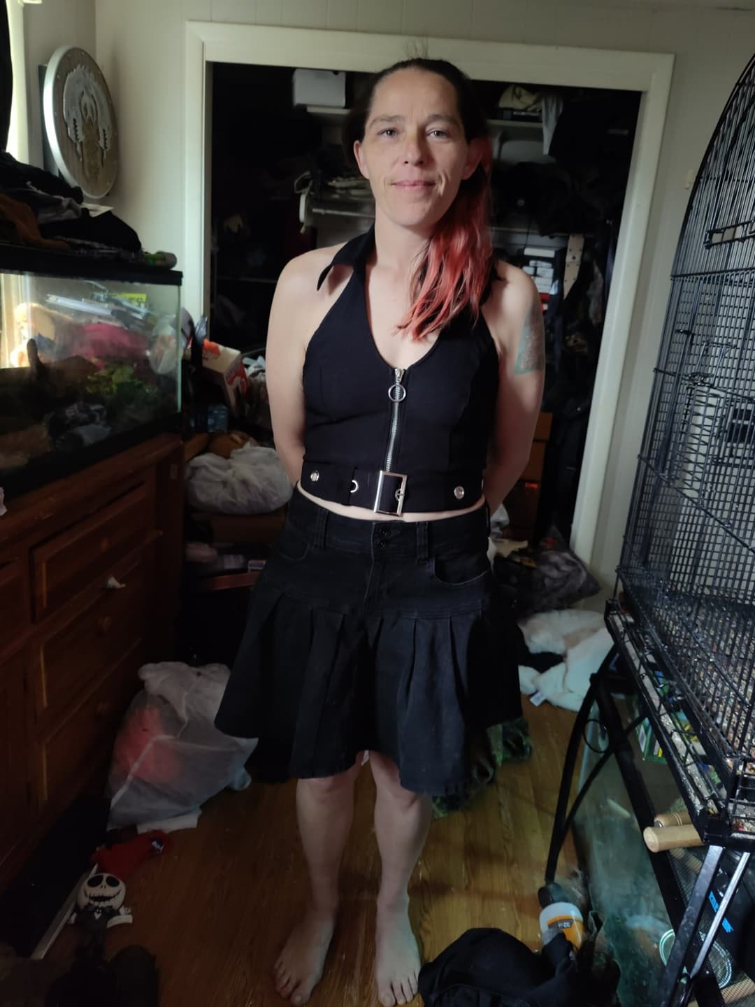 Wife tied to bed in miniskirt