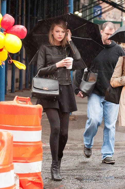 Taylor Swift tight black leather jacket outfit