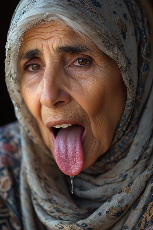 Prompt: Portrait of a 66 year old Iraqi Female/Woman  sticking Her tongue out saliva drippy from her