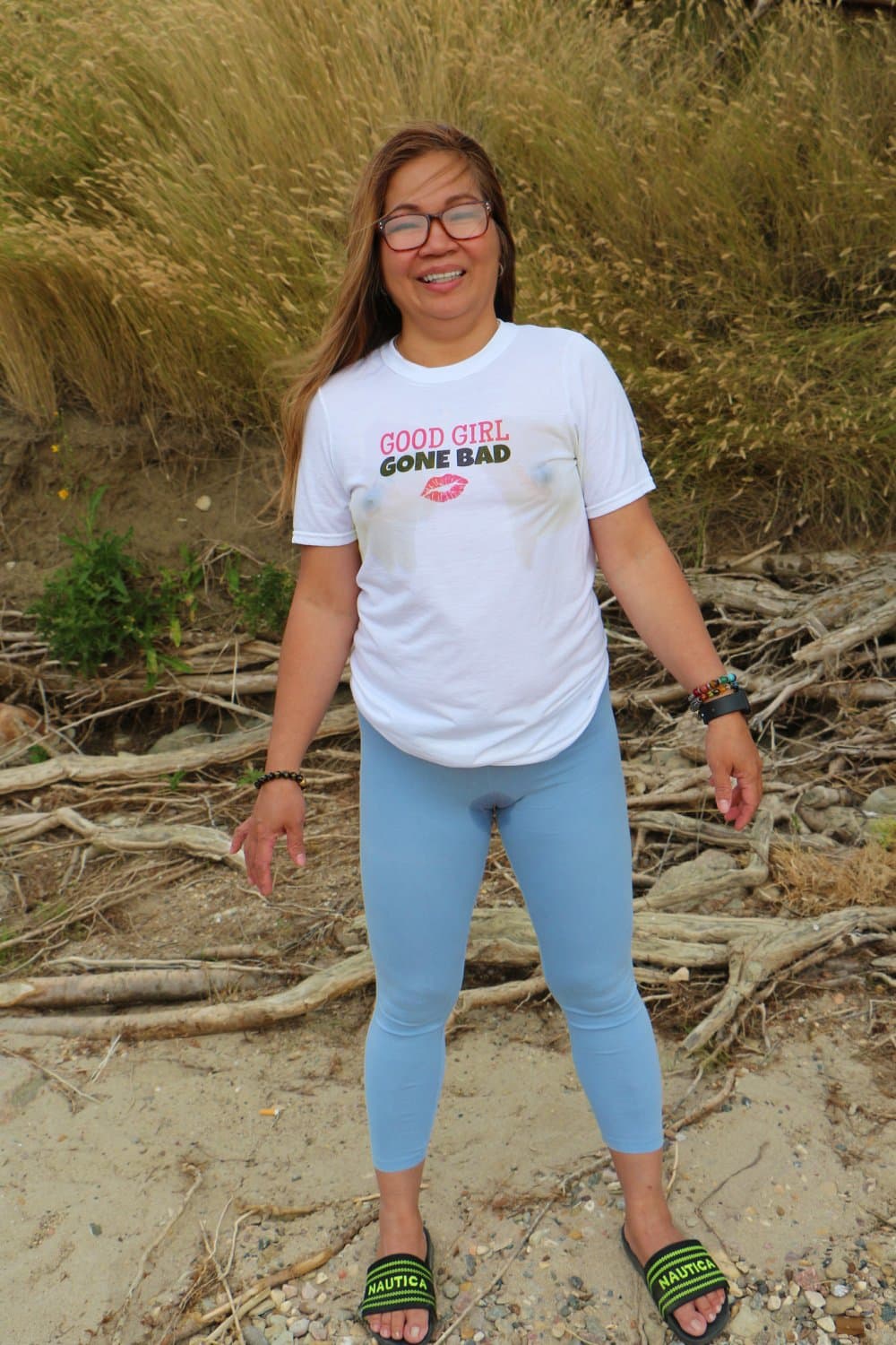 My wife outdoors, braless and cameltoe. She pissed herself. Then I peed all over her white Tshirt!