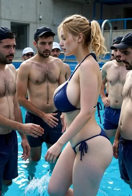 Busty blonde surrounded and groped by a group of men at the swimming pool