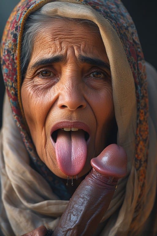 Prompt: Portrait of a 66 year old Iraqi Female/Woman  sticking Her tongue out saliva drippy from her