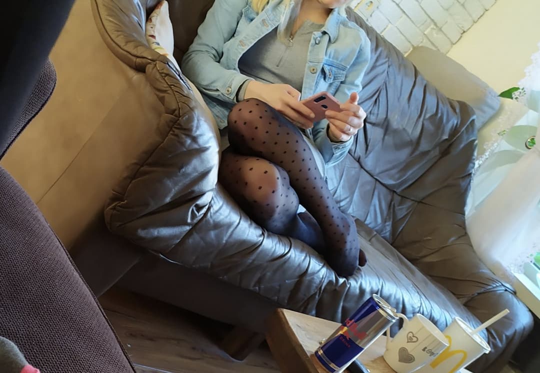 my wife best friend is Hot long legs Blonde with sexy feet in black pantyhose visit us creep shot