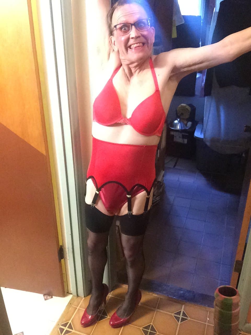 Red garterbelt, red bra and panties