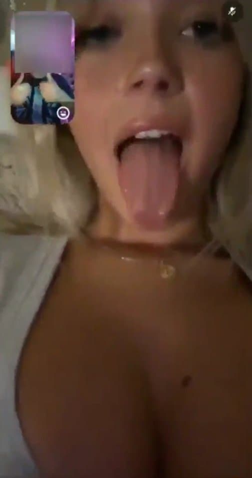 Pretty blonde happy to make him cum by showing her boobs and sticking out her tongue