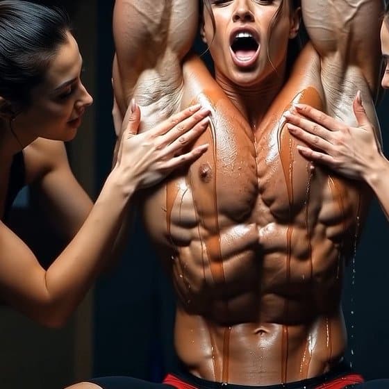 Lesbian champagne bodybuilding shower, pleasures of naked muscle worship