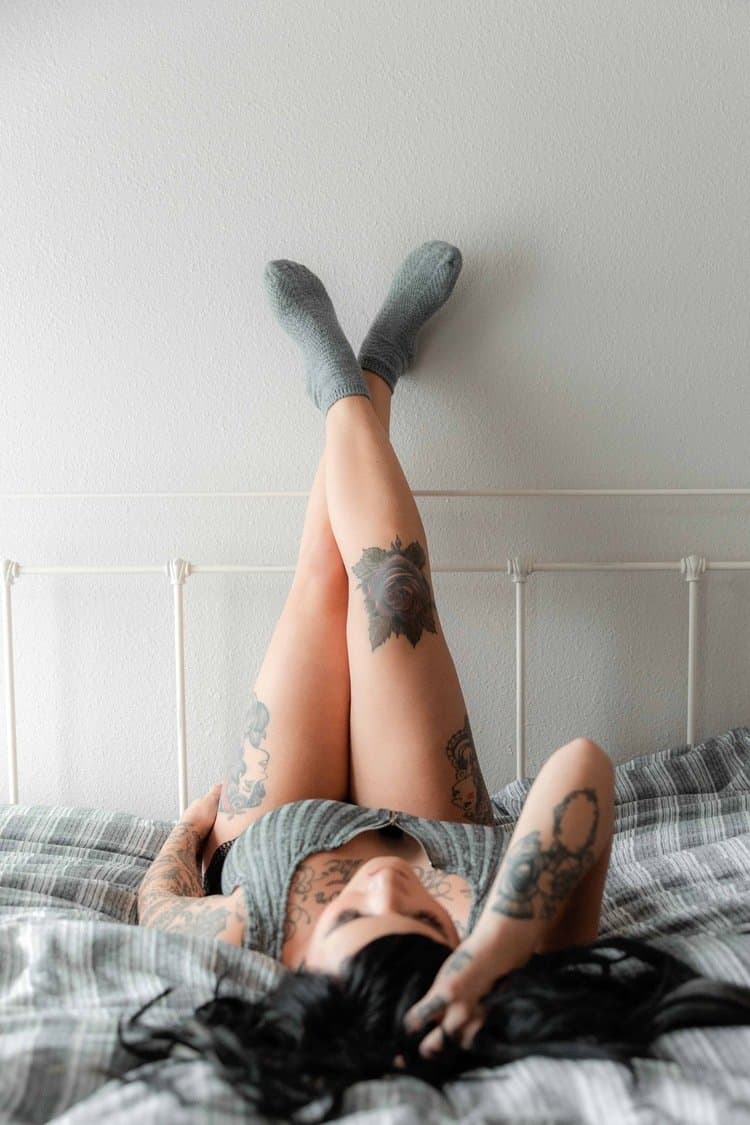 Tatted busty black hair beauty boudoir