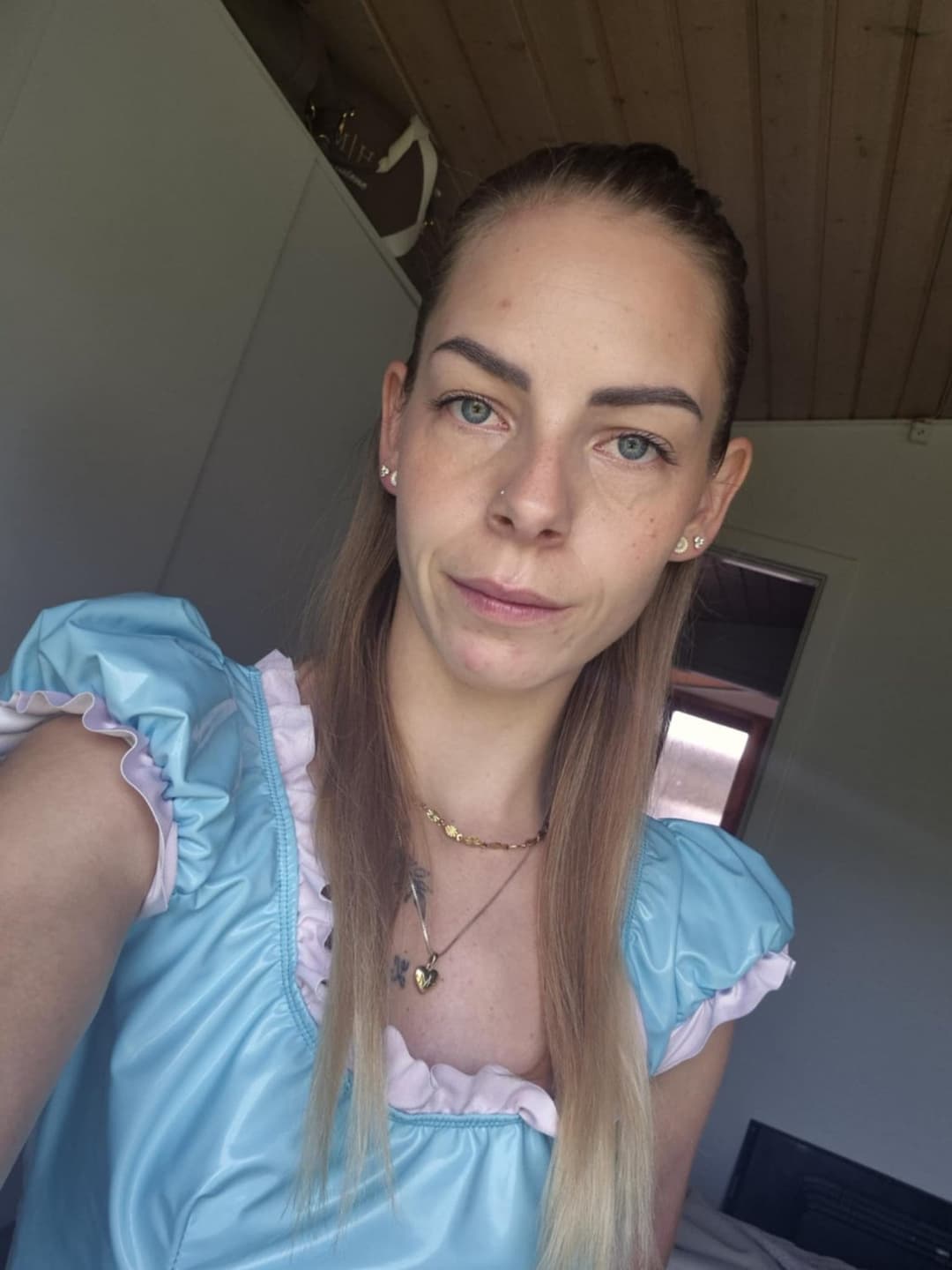 GF in baby blue vinyl dress