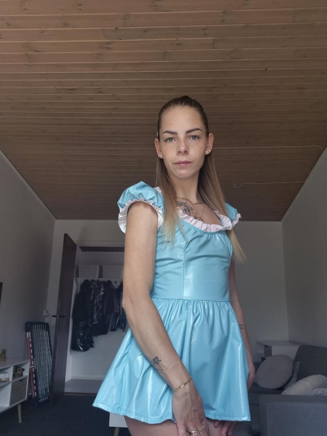 GF in baby blue vinyl dress