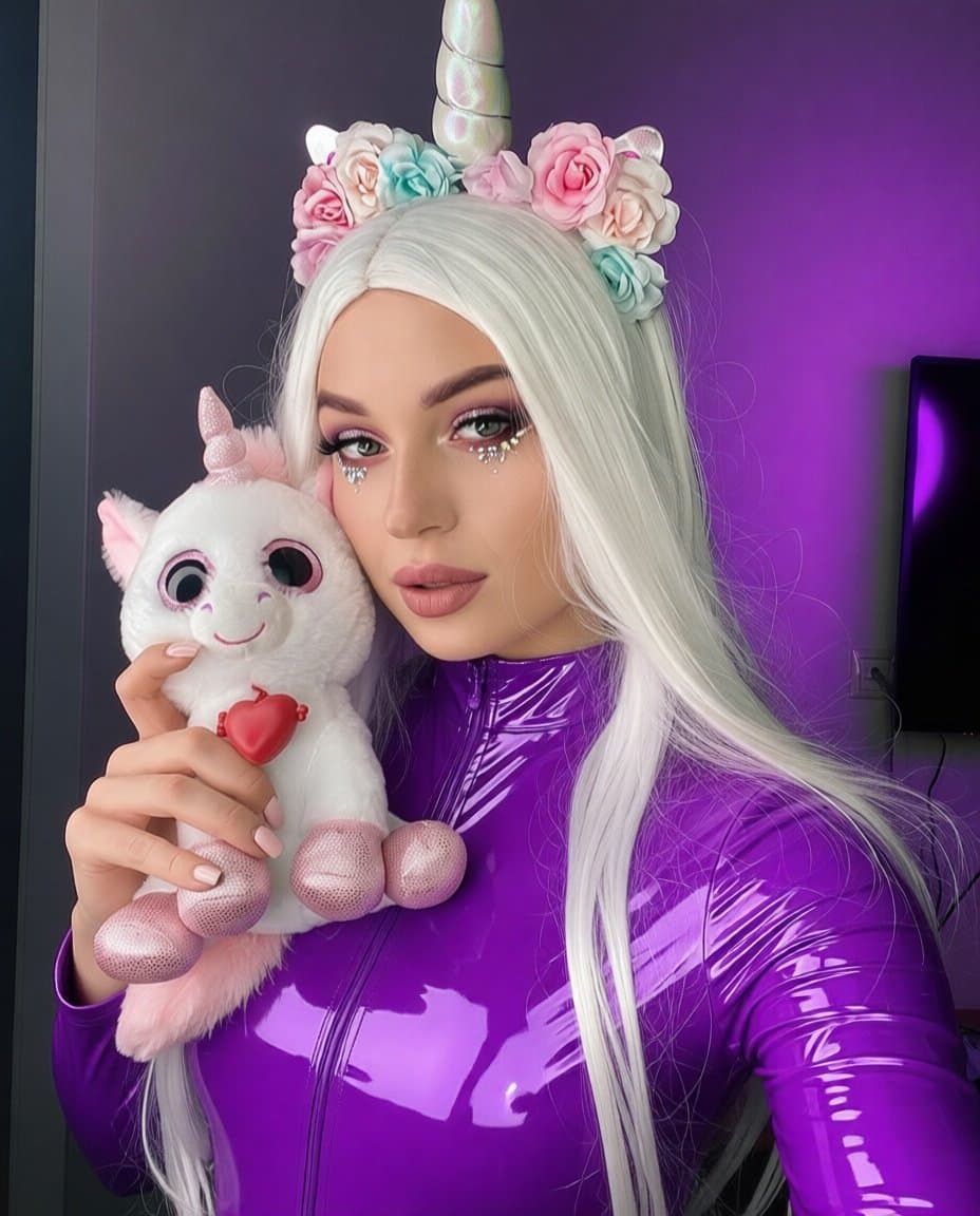 Poli in purple vinyl Catsuit