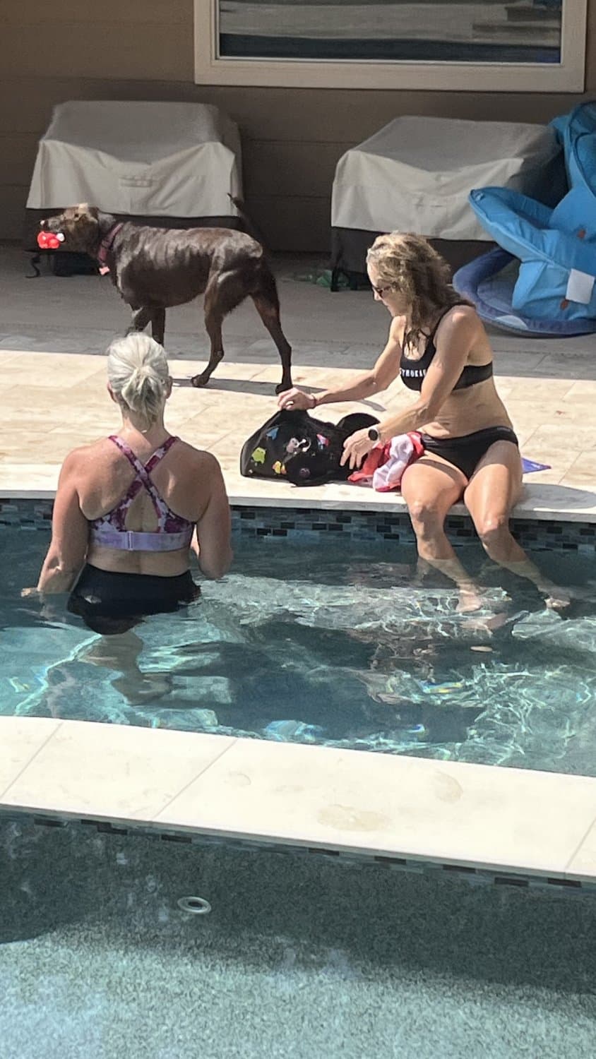 Wife’s hot little friend/GILF takes a dip in the pool after some cycling