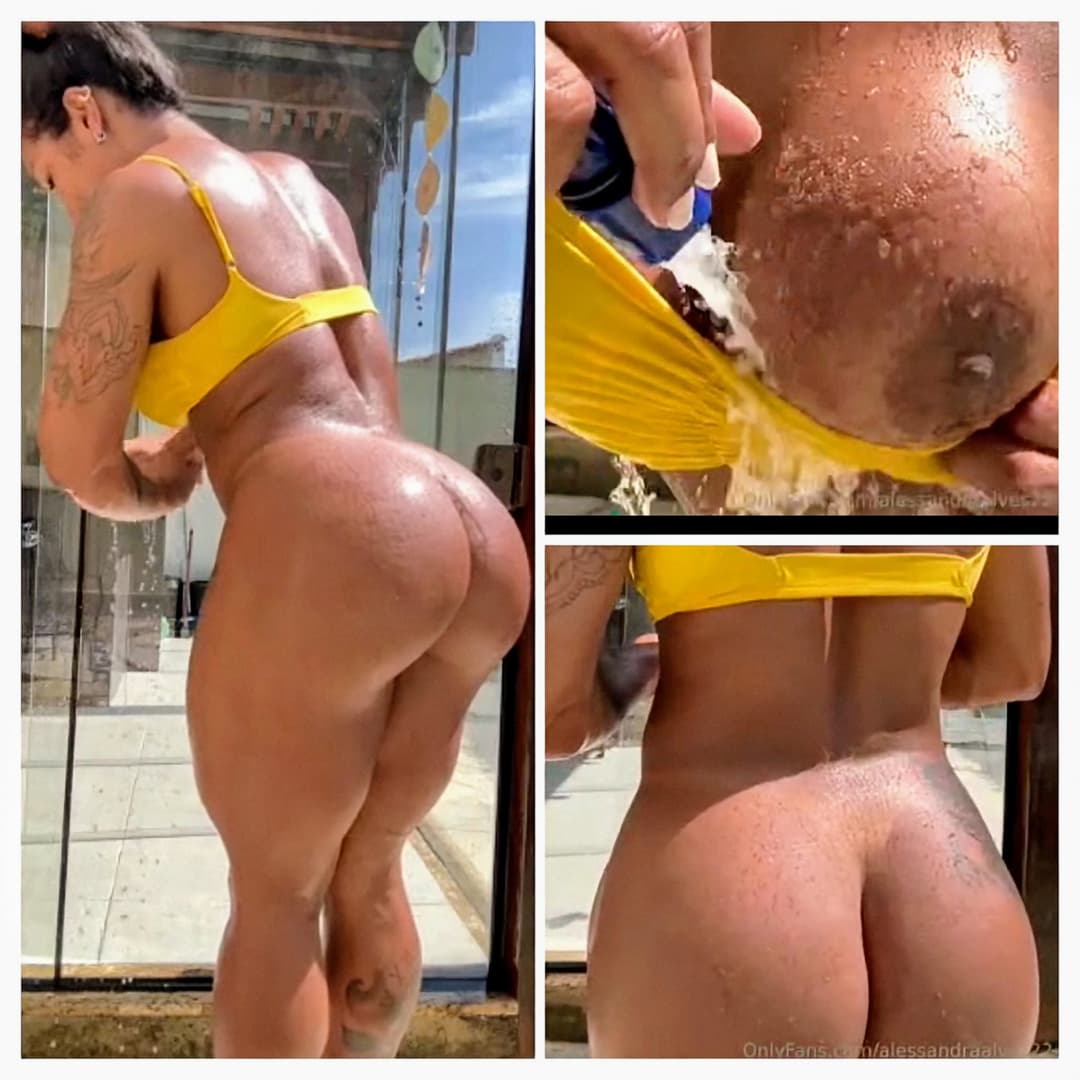 Brazilian muscle FBB cleaning the house and getting wet