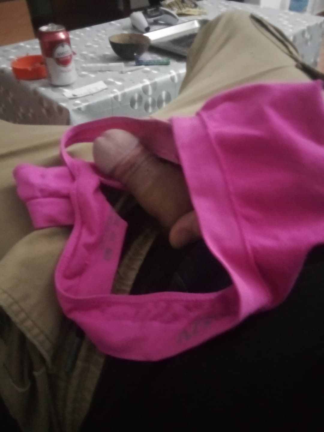 Son masturbates in front of his mother with her thong