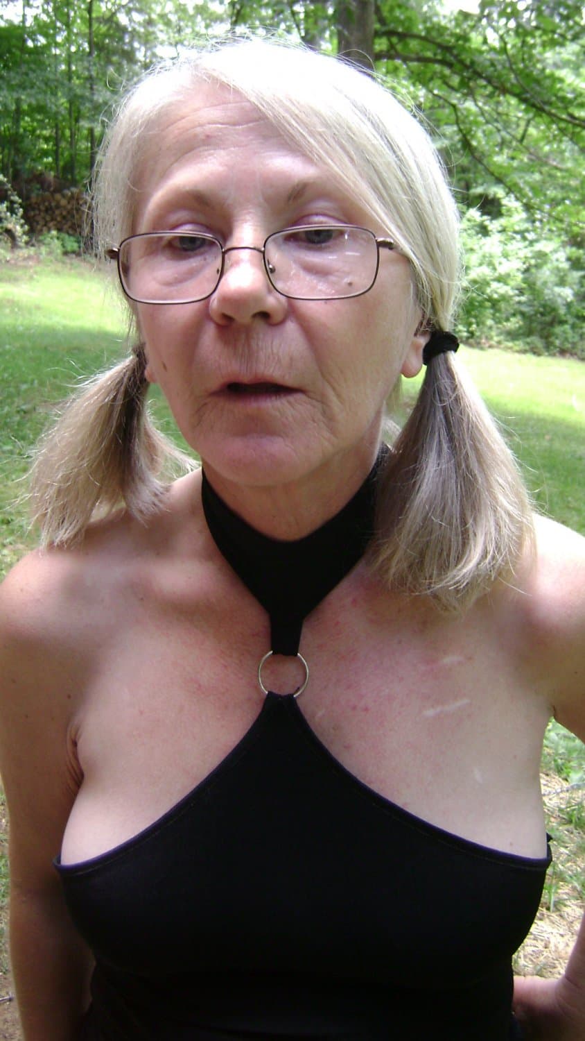 Granny Ellen in her Little Black Dress with White Stockings and Heels, with Pigtails