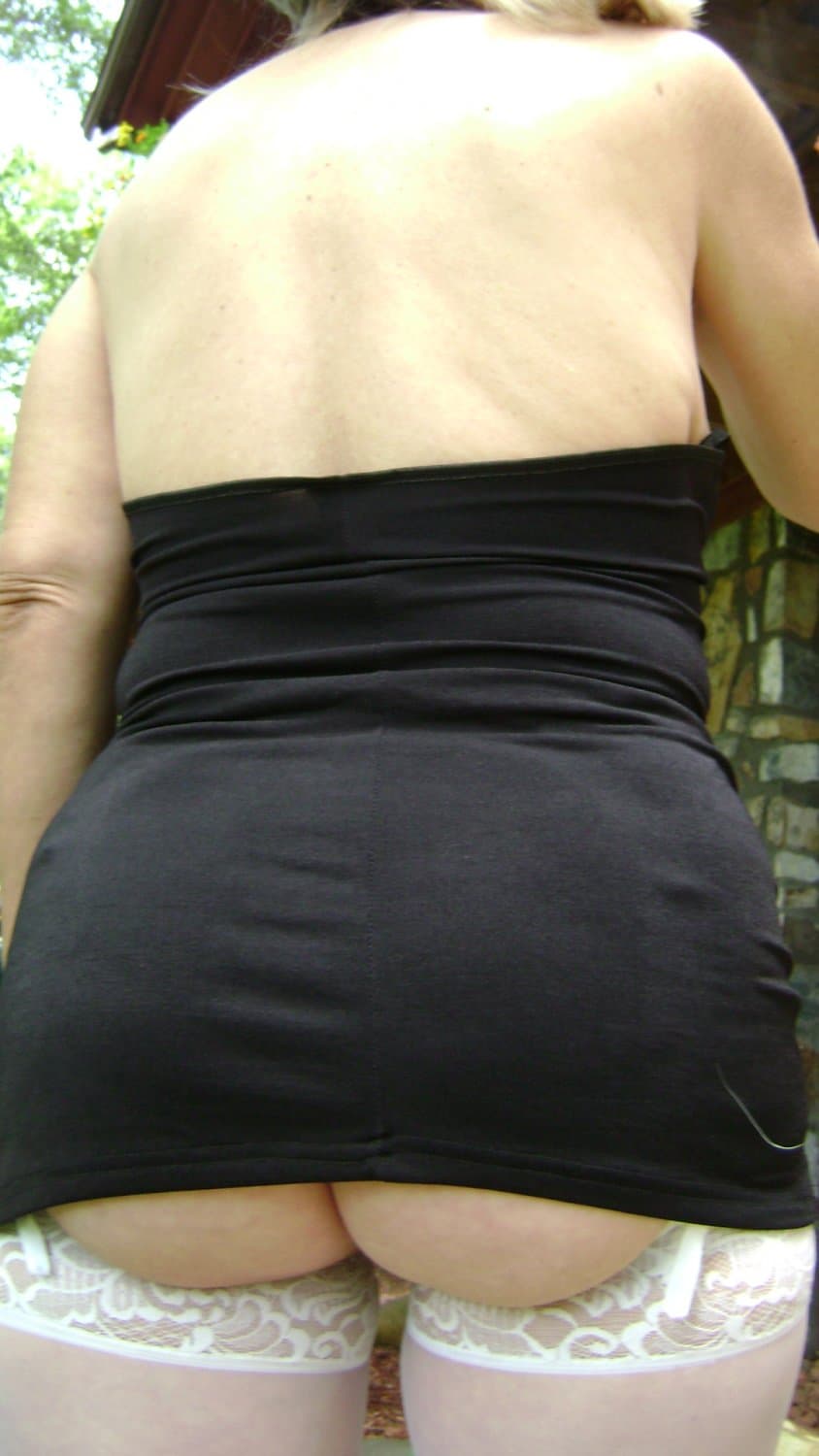 Granny Ellen in her Little Black Dress with White Stockings and Heels, with Pigtails