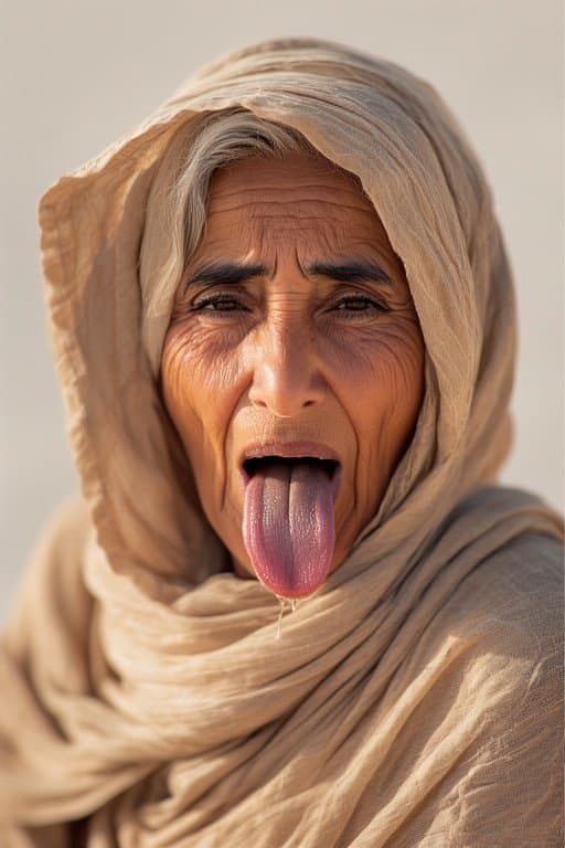 Prompt: Portrait of a 66 year old Iraqi Female/Woman  sticking Her tongue out saliva drippy from her
