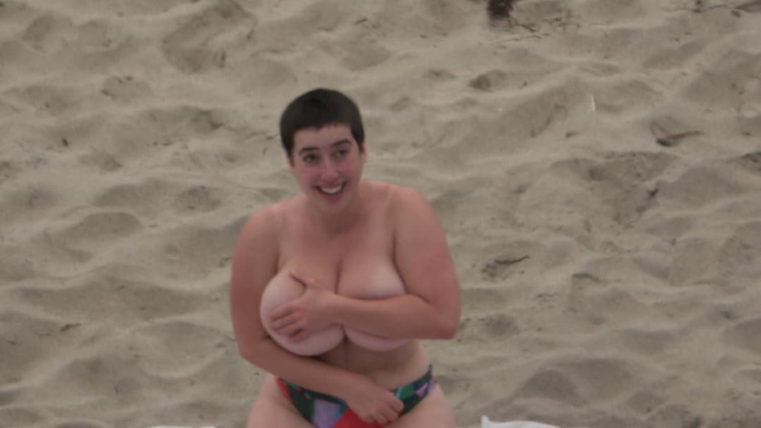 White pawg Short hair tomboy dyke stud public beach