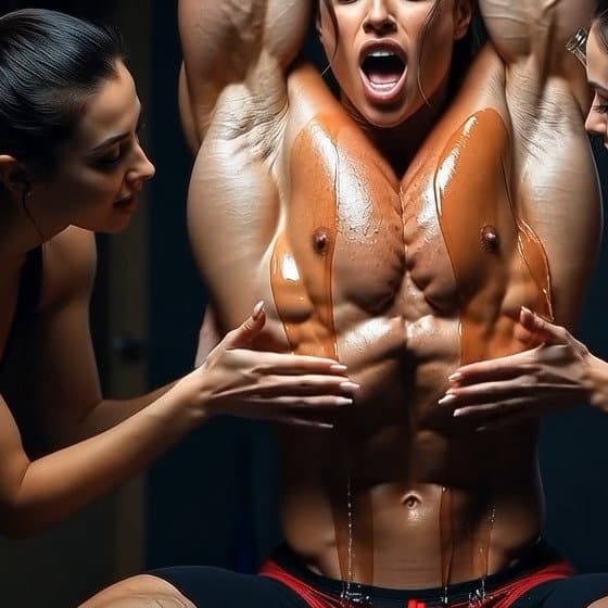 Lesbian champagne bodybuilding shower, pleasures of naked muscle worship