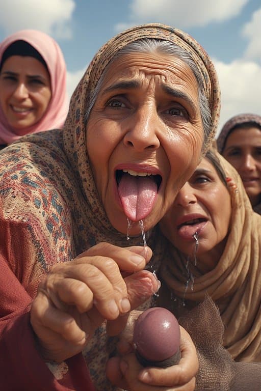 Prompt: Portrait of a 66 year old Iraqi Female/Woman  sticking Her tongue out saliva drippy from her