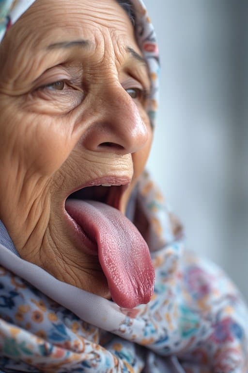 Prompt: Portrait of a 66 year old Iraqi Female/Woman  sticking Her tongue out saliva drippy from her
