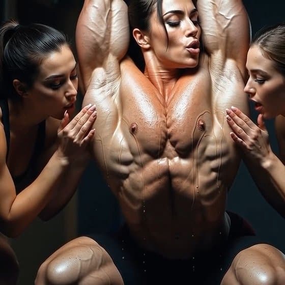 Lesbian champagne bodybuilding shower, pleasures of naked muscle worship